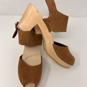 Bryr Miranda Slingback Peep Toe Wooden Clogs Caramel Leather Size 41